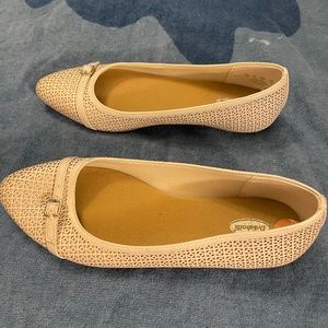 Dr School’s cream/beige textured flats with buckle trim.